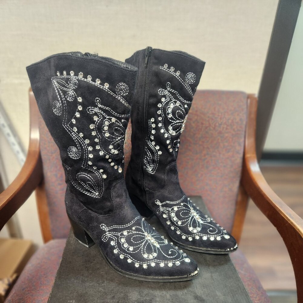 Black Suede Rhinestone Boots Size 8